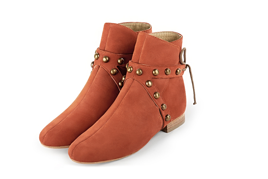 Terracotta orange women's ankle boots with laces at the back. Round toe. Flat leather soles. Front view - Florence KOOIJMAN